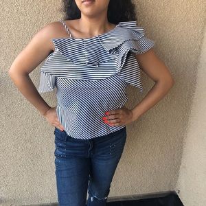 Ruffle Striped One Shoulder Top Size Medium